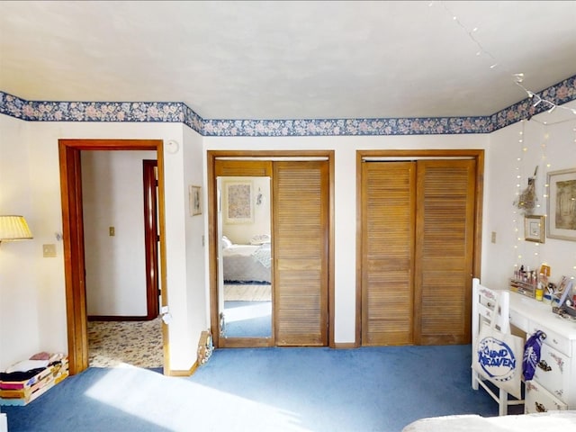 bedroom with two closets and carpet floors