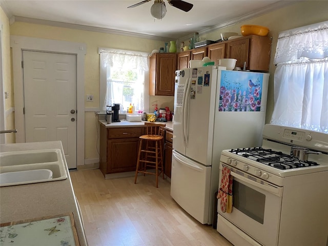 kitchen with brown cabinets, crown molding, a ceiling fan, light wood-style flooring, and white appliances