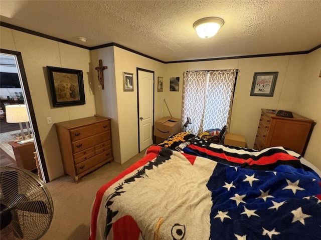 carpeted bedroom with crown molding and a textured ceiling