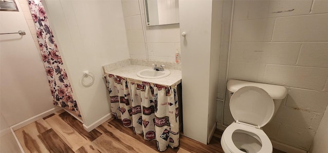 bathroom with vanity, toilet, and hardwood / wood-style floors