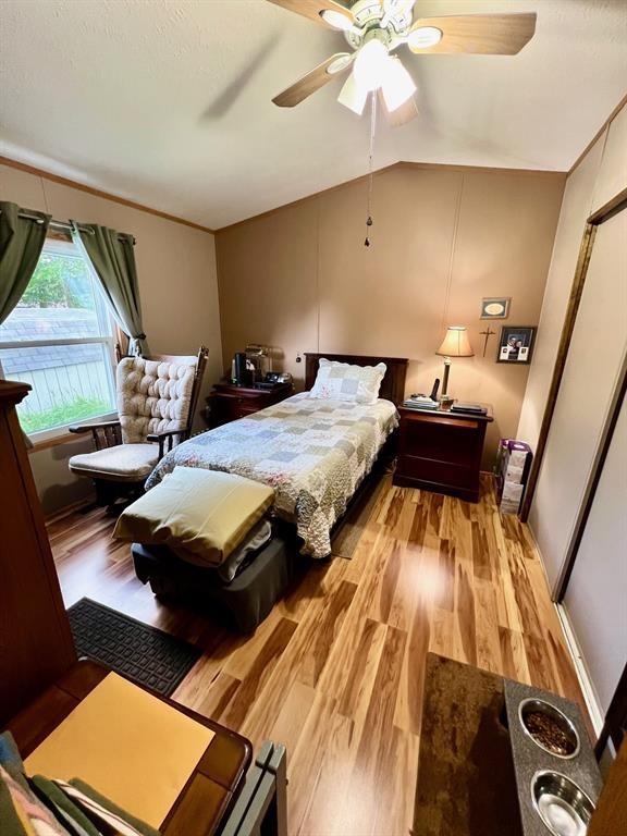 50 Maplenut Ln, Erie, PA 16510 - bedroom featuring wood finished floors, lofted ceiling, and a ceiling fan