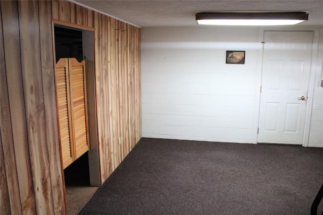 basement with carpet flooring and wood walls