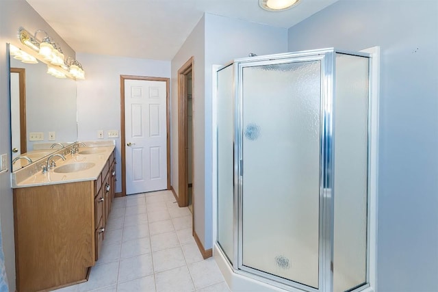 3706 Harbor Ridge Trl, Erie, PA 16510 - full bath with double vanity, a stall shower, tile patterned floors, and baseboards