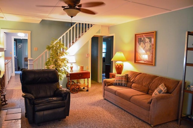 105 Hickory St, Edinboro, PA 16412 - living area featuring stairway, ceiling fan, and carpet floors