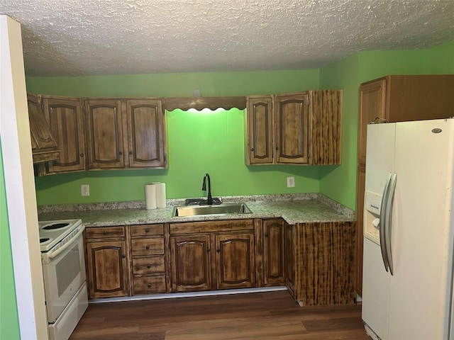 kitchen featuring dark hardwood / wood-style flooring, white appliances, a textured ceiling, and sink