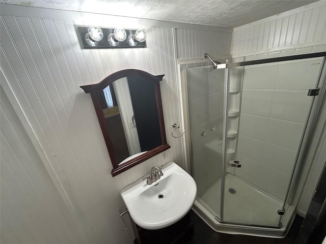 bathroom with wooden walls, sink, a textured ceiling, and walk in shower