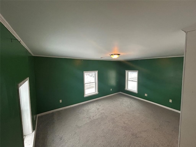 carpeted spare room featuring crown molding