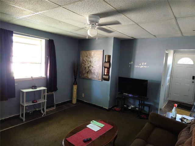 402 Reed St, Erie, PA 16507 - living room featuring ceiling fan, a paneled ceiling, and carpet floors