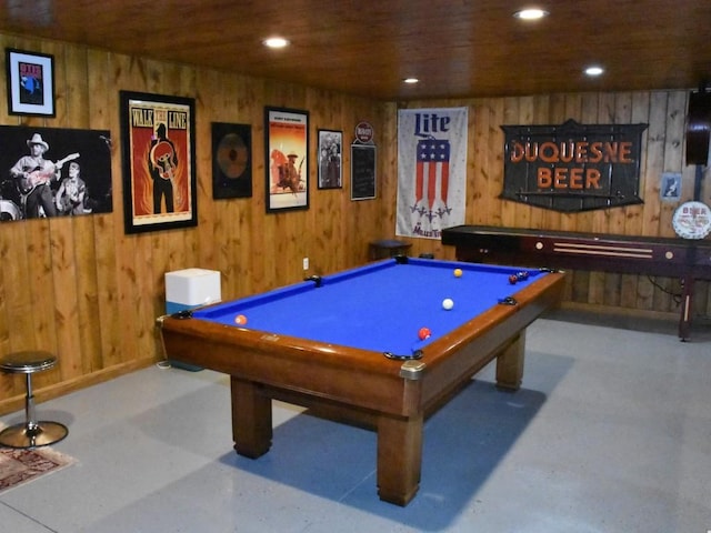 playroom featuring wood ceiling, wooden walls, and billiards