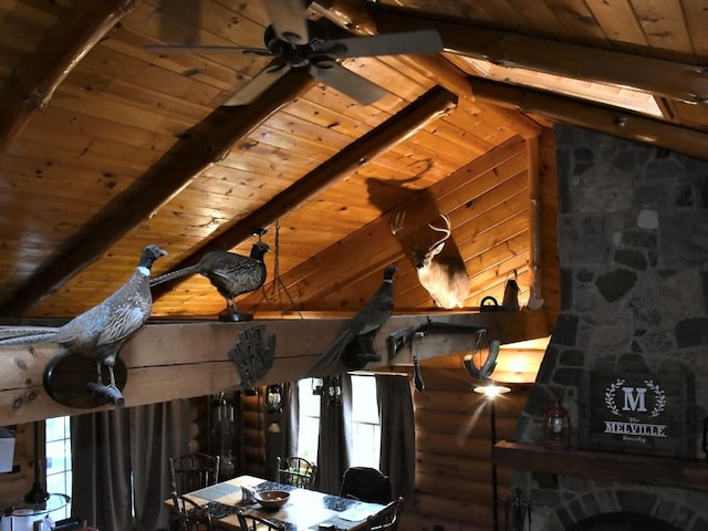 room details featuring log walls, wooden ceiling, and beamed ceiling