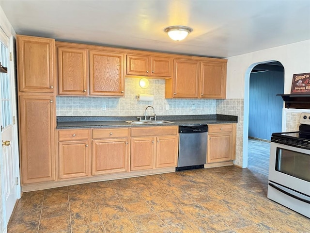 kitchen featuring white range with electric stovetop, sink, and stainless steel dishwasher