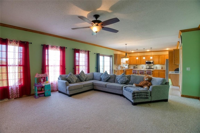 6020 Pebble Creek Dr, Fairview, PA 16415 - living room featuring ornamental molding, light carpet, healthy amount of natural light, ceiling fan, and a textured ceiling