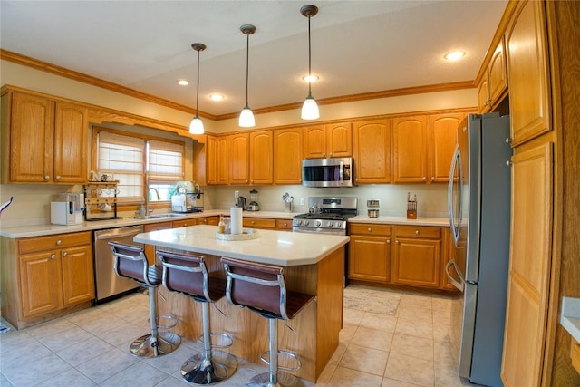 6020 Pebble Creek Dr, Fairview, PA 16415 - kitchen with stainless steel appliances, crown molding, brown cabinetry, light tile patterned flooring, and light countertops