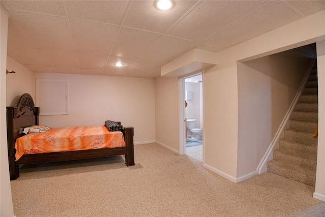 6020 Pebble Creek Dr, Fairview, PA 16415 - bedroom with light colored carpet, recessed lighting, ensuite bathroom, and a paneled ceiling