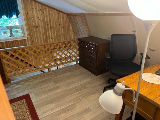 8766 Quaker Ln, Espyville, PA 16424 - home office with light wood-style flooring and wooden walls