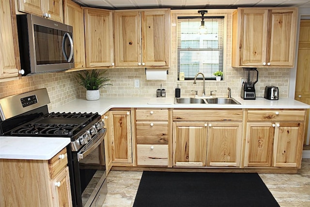 6361 Cherry Ext, Erie, PA 16509 - kitchen featuring stainless steel appliances, light brown cabinets, backsplash, and light countertops