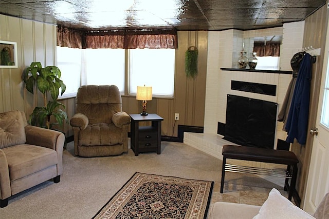 6361 Cherry Ext, Erie, PA 16509 - carpeted living area featuring a brick fireplace