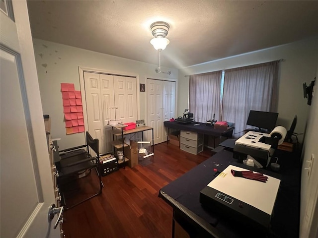 office area with dark wood-style flooring