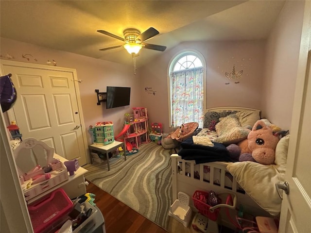 game room featuring a ceiling fan and wood finished floors