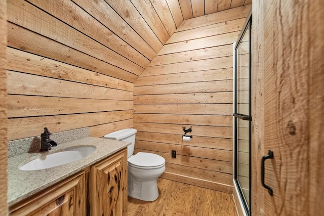 100 Fox Hollow Ln, Harborcreek, PA 16511 - full bathroom with wood walls, a shower stall, toilet, vanity, and wooden ceiling