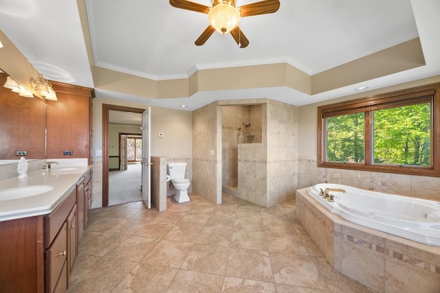 100 Fox Hollow Ln, Harborcreek, PA 16511 - bathroom with tile walls, ornamental molding, a garden tub, tiled shower, and a ceiling fan