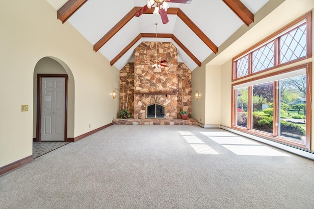 100 Fox Hollow Ln, Harborcreek, PA 16511 - unfurnished living room featuring high vaulted ceiling, a ceiling fan, carpet floors, beamed ceiling, and baseboards