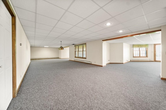 100 Fox Hollow Ln, Harborcreek, PA 16511 - below grade area featuring baseboards, a baseboard radiator, carpet flooring, recessed lighting, and a paneled ceiling