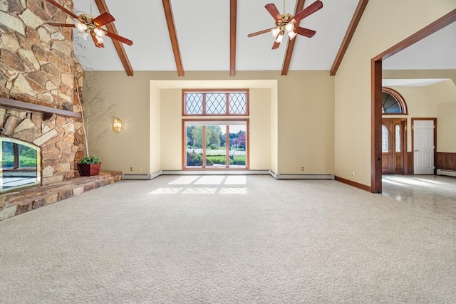 100 Fox Hollow Ln, Harborcreek, PA 16511 - unfurnished living room featuring ceiling fan, high vaulted ceiling, carpet floors, beam ceiling, and a fireplace