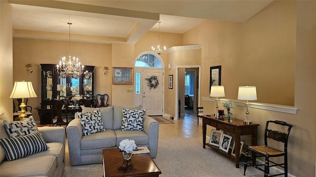 6007 Marble Ln, Fairview, PA 16415 - tiled living area featuring a chandelier, baseboards, and a towering ceiling