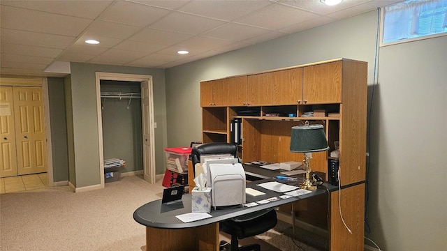 6007 Marble Ln, Fairview, PA 16415 - home office with light colored carpet, recessed lighting, baseboards, and a paneled ceiling