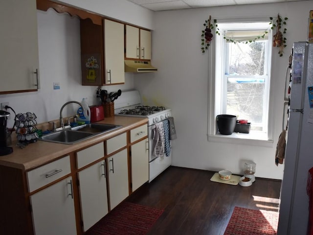 kitchen with white appliances, light countertops, under cabinet range hood, and a sink