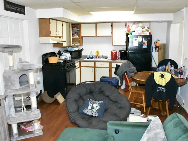 kitchen featuring black appliances, under cabinet range hood, a sink, wood finished floors, and a paneled ceiling