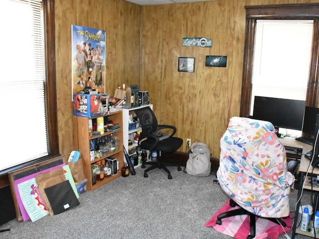 home office with wood walls and carpet floors