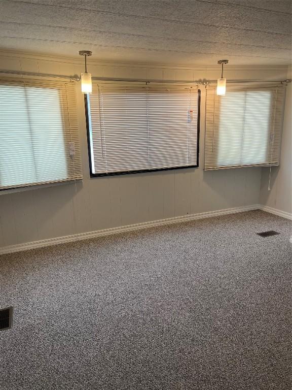 empty room with crown molding and carpet floors