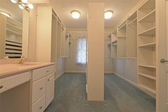 spacious closet featuring dark colored carpet and sink