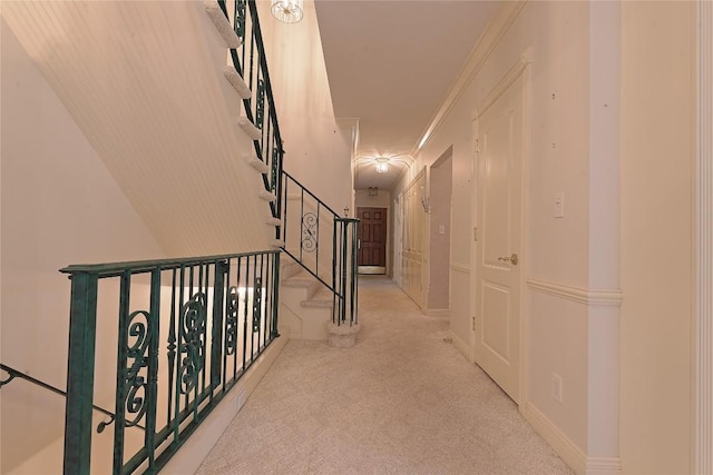 corridor with light colored carpet and ornamental molding