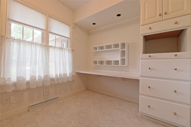 interior space featuring light colored carpet and a baseboard radiator