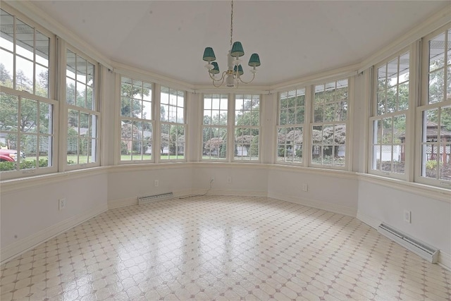 unfurnished sunroom featuring baseboard heating, a healthy amount of sunlight, and a chandelier