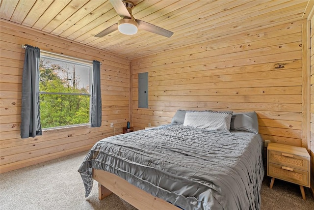 2629 River Dr, Jamestown, PA 16134 - carpeted bedroom featuring wooden walls, wood ceiling, a ceiling fan, and electric panel
