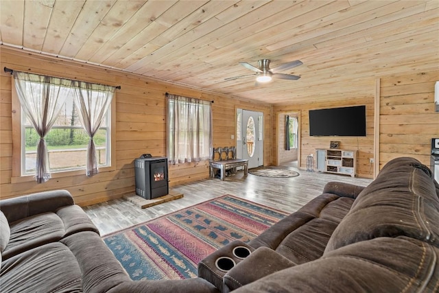 2629 River Dr, Jamestown, PA 16134 - living room with wood ceiling, a wood stove, plenty of natural light, wooden walls, and wood finished floors