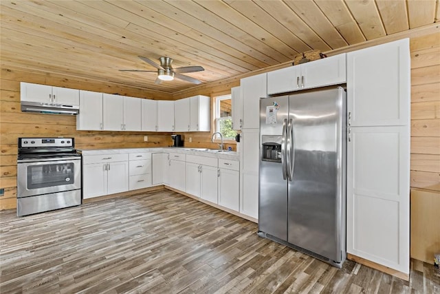 2629 River Dr, Jamestown, PA 16134 - kitchen with stainless steel appliances, wooden ceiling, under cabinet range hood, wooden walls, and white cabinetry