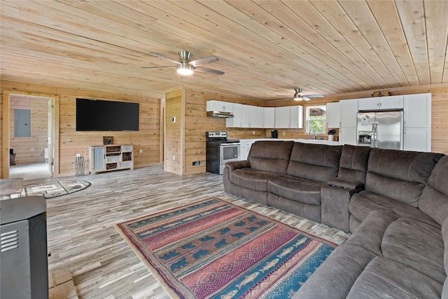 2629 River Dr, Jamestown, PA 16134 - living room featuring wood ceiling, wooden walls, ceiling fan, light wood-style flooring, and electric panel