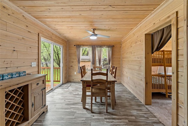 2629 River Dr, Jamestown, PA 16134 - dining space with wooden ceiling, wooden walls, wood finished floors, and ceiling fan