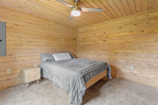 2629 River Dr, Jamestown, PA 16134 - carpeted bedroom featuring wooden ceiling, wooden walls, and a ceiling fan