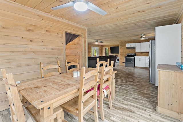 2629 River Dr, Jamestown, PA 16134 - dining area featuring ceiling fan, wooden ceiling, wood finished floors, and wood walls