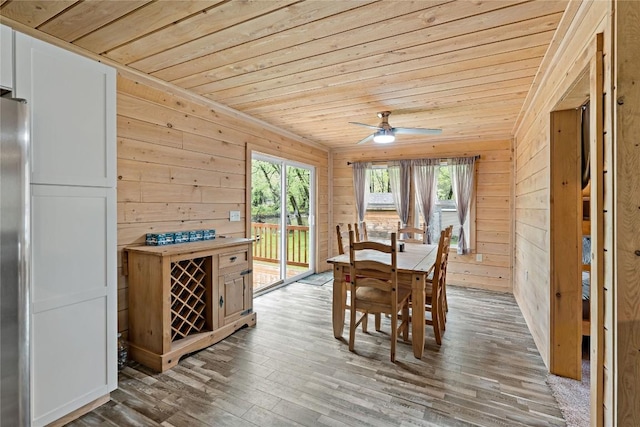 2629 River Dr, Jamestown, PA 16134 - dining space with wood ceiling, healthy amount of natural light, wood walls, a ceiling fan, and wood finished floors