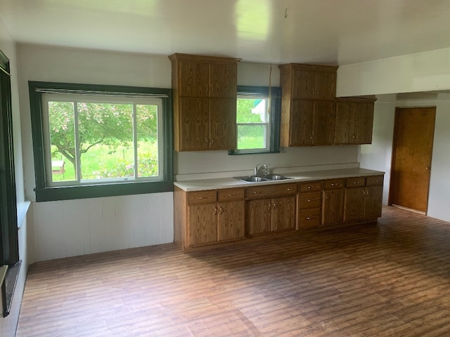 5511 Lake Rd, Atlantic, PA 16111 - kitchen featuring a sink, dark wood finished floors, light countertops, and brown cabinets