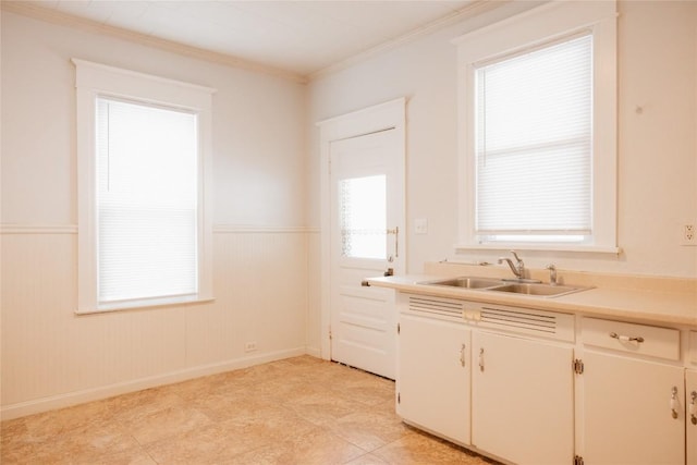 kitchen with crown molding, sink, and white cabinets