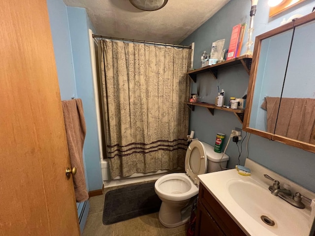 full bathroom featuring tile patterned floors, toilet, a baseboard radiator, vanity, and shower / bath combo