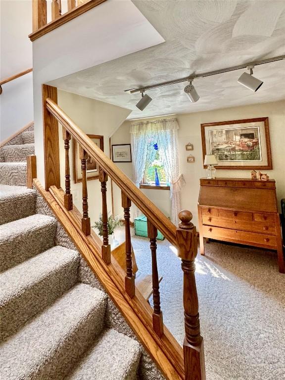 stairs featuring carpet floors and rail lighting